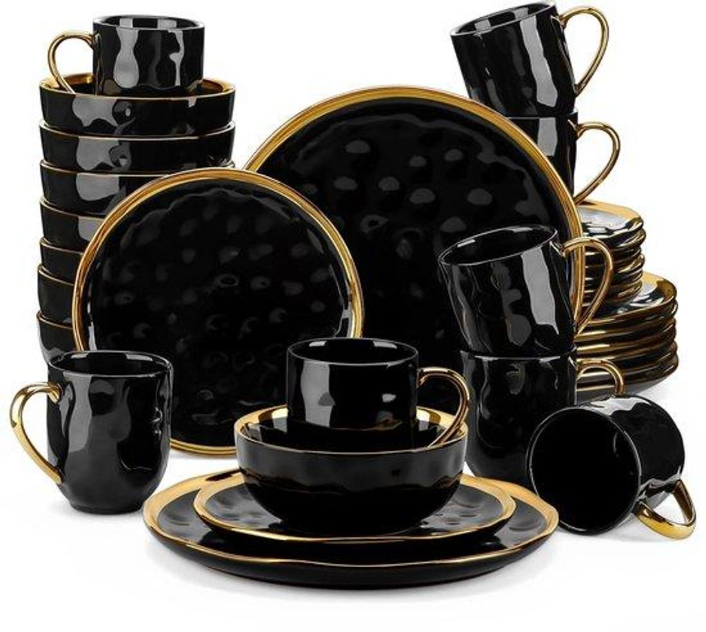 Luxus Porzellan Geschirr Set - 32 Stück - 8 Personen - Geschirr Set - Goldrand - Dessertteller - Tischplatte - Becher - Tasse - Schwarz