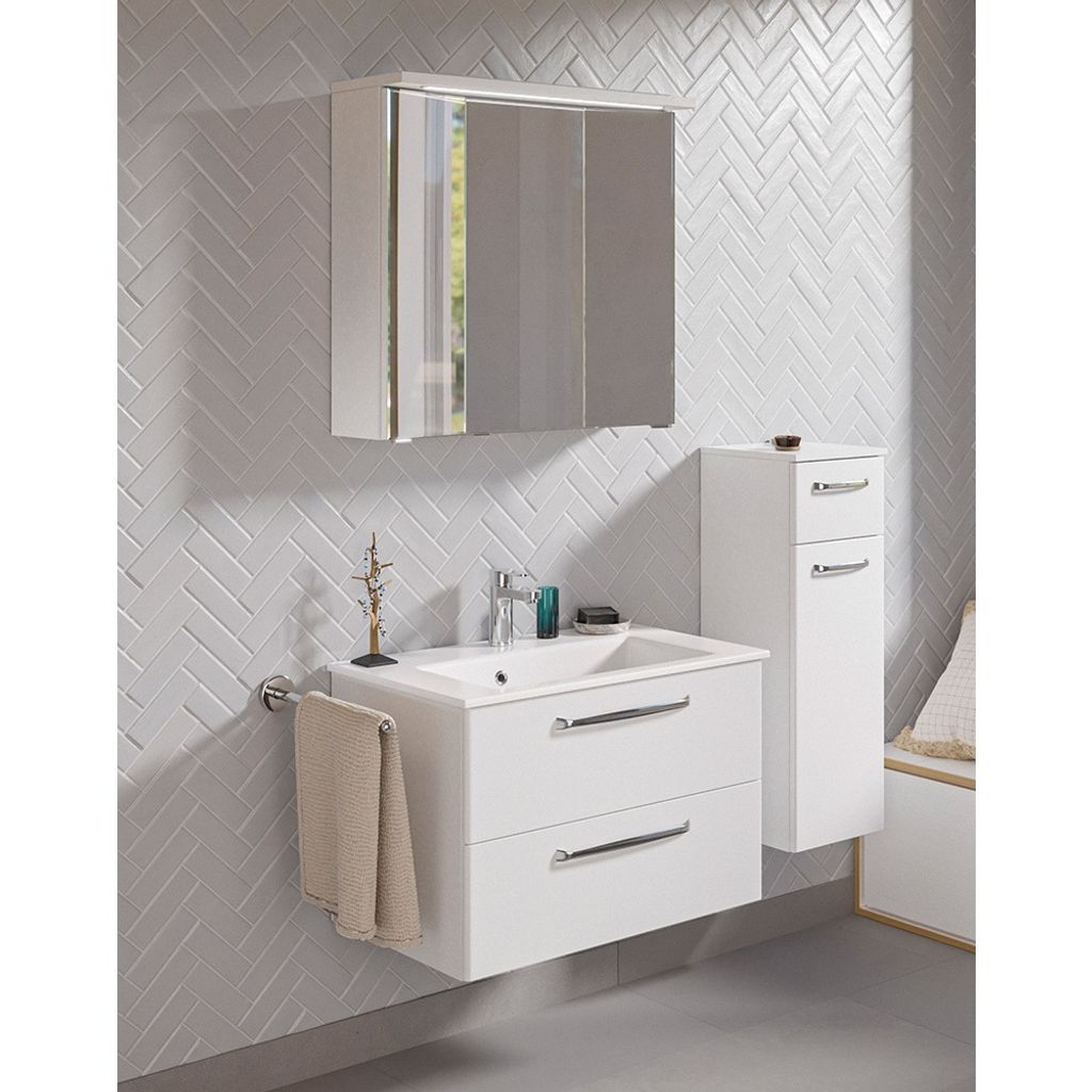 Badmöbel Set mit Mineralmarmor Waschbecken und LED Beleuchtung TRENTO-66 in weiß Glanz, B/H/T: ca. 122/200/50 cm