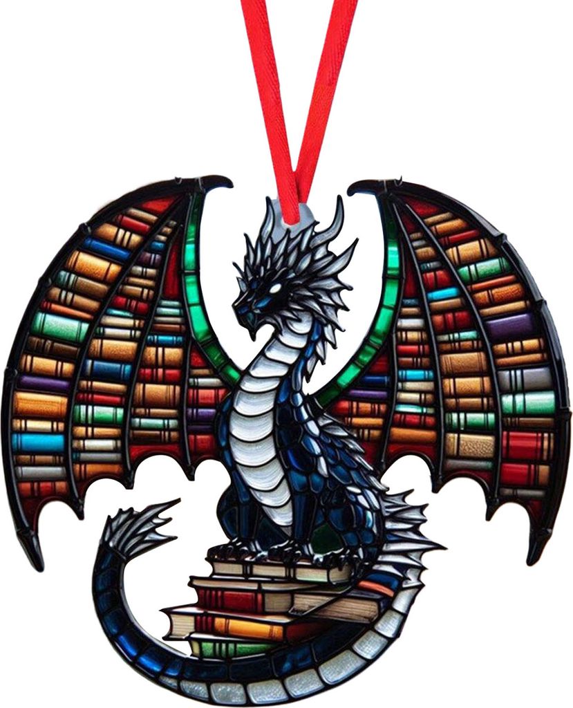 Drachen-Bücherregal-Anhänger, Acryl, Weihnachtsbaum-Hängeornament, 2D-flaches Bücherregal, Drachen-Dekoration, Andenken, Geschenk für Buchdrac...