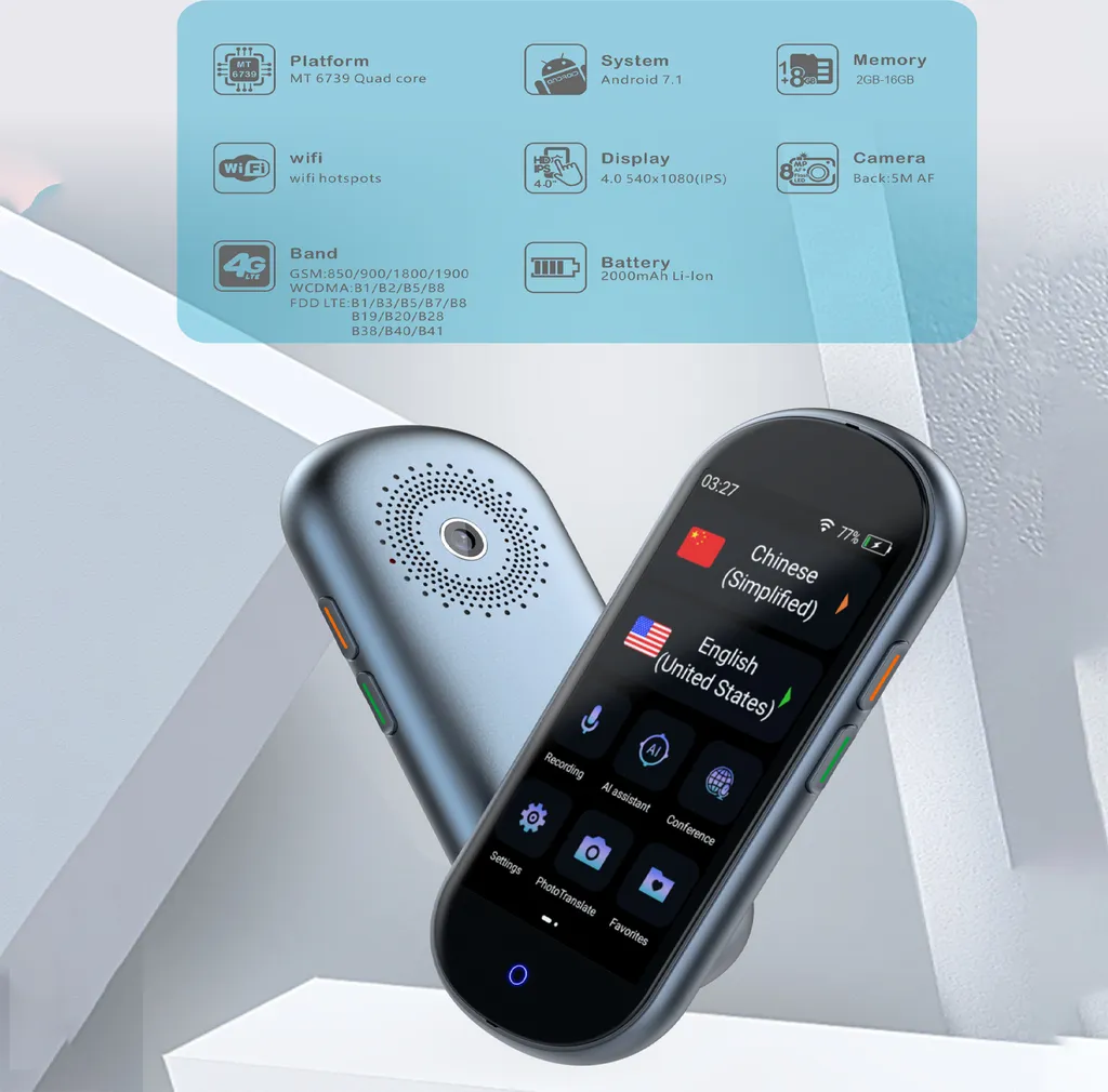 Traducteur Vocal AT40 Hors Ligne 4G avec Écran Tactile 2Go 16Go Gris