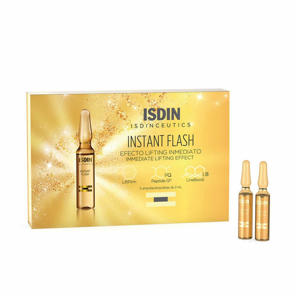 A box of ISDIN Isdinceutics Instant Flash ampoules with two ampoules shown separately.