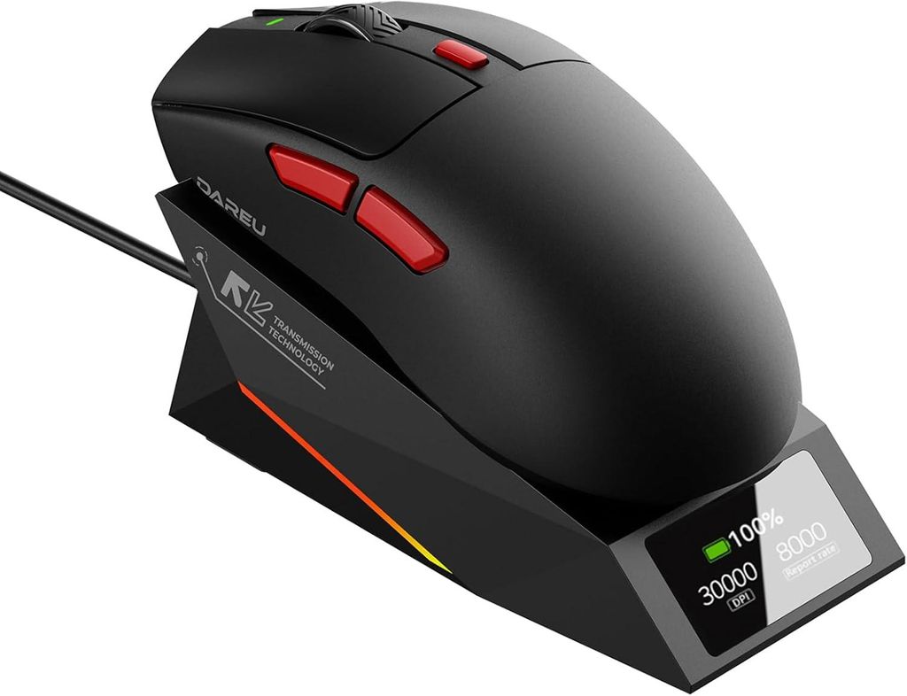 RGB Gaming-Mouse mit Anzeige Magnetic Charging Base PAW3950 Sensor mit 30K DPI,750 IPS,Finely Structured,Sweat-Absorbing Surface,59 g,500 mAh Batterie