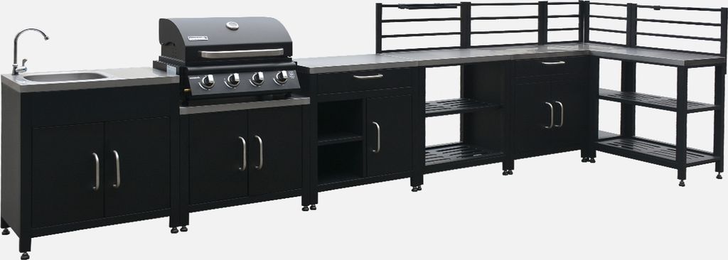 sweeek - Außenküche 7 Elemente aus Stahl + Gasgrill 4 Brenner - Schwarz