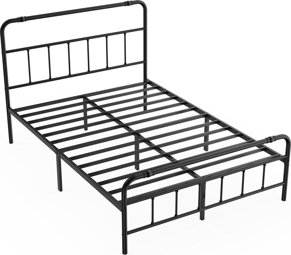 A black metal bed frame with a headboard and footboard, shown from a diagonal angle against a white background.