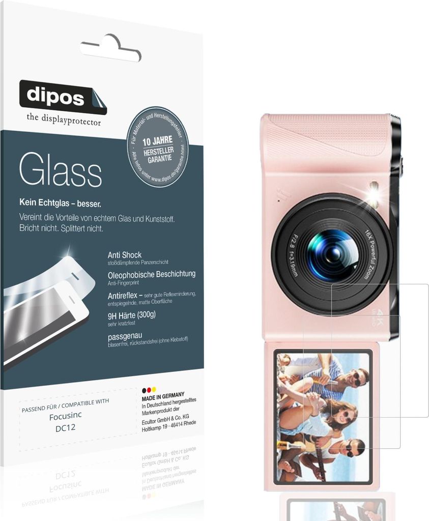 2x Schutzfolie für Focusinc DC12 matt - Anti-Shock 9H Folie dipos Glass Kunststoffglas