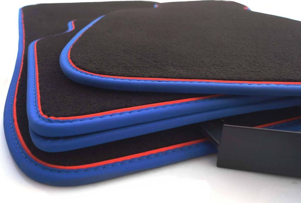 Fußmatten für BMW E90 E91 M3 Edition (Blau, Rot) Velours Premium Automatten Nubuk Leder 4-teiliges Set