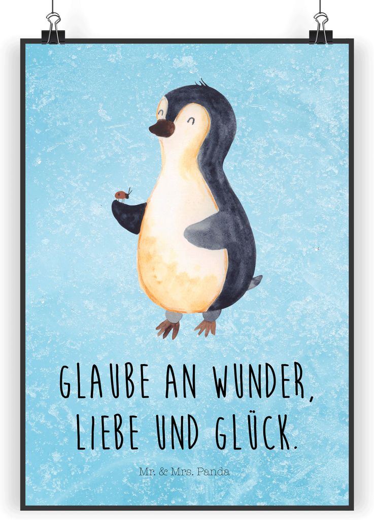 Mr. & Mrs. Panda Bild Pinguin Marienkäfer DIN A3 - Eisblau - Geschenk, Aufmerksam, Designposter, Liebe, wanddeko, Plakat, Posterdruck, Kleine Wund...