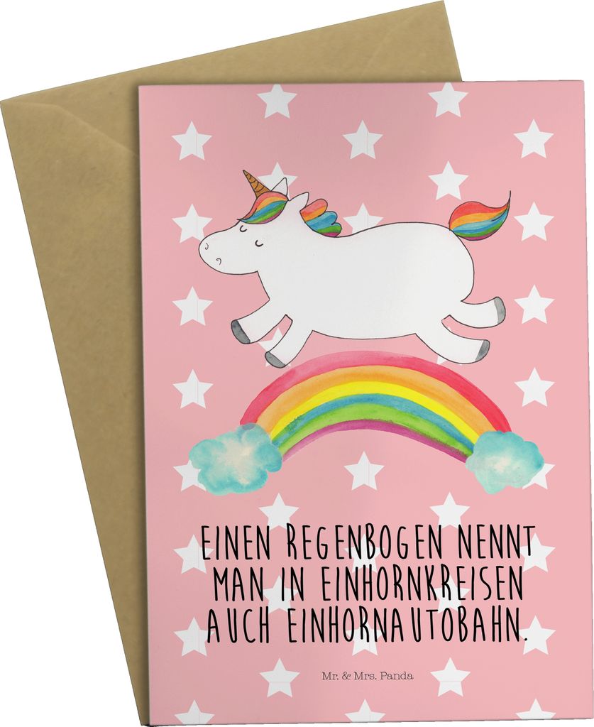 Mr. & Mrs. Panda Grußkarte Einhorn Regenbogen - Rot Pastell - Geschenk, Unicorn, einladungskarten, Erwachsenwerden, weihnachtskarten, Glitzer, Ein...