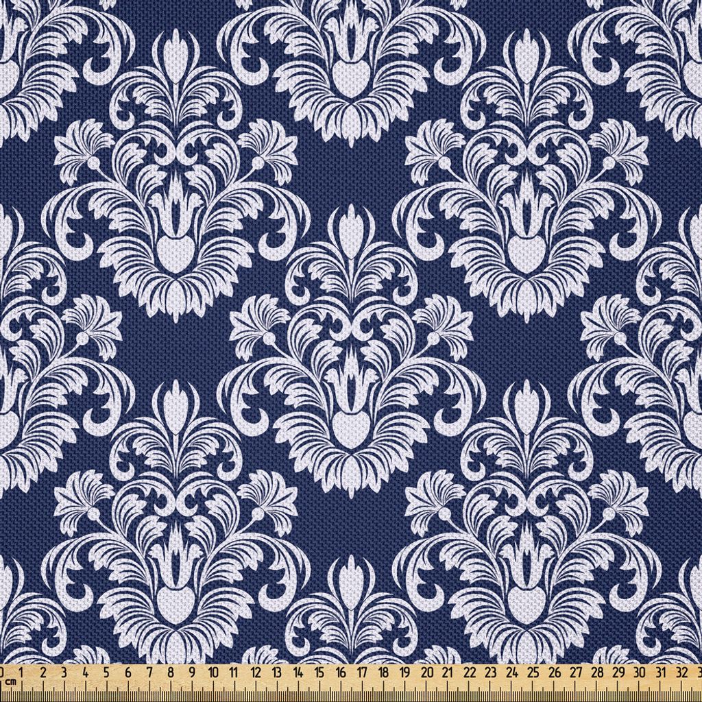 ABAKUHAUS Navy blau Satin Stoff als Meterware, Abstrakter Blumendamast mit antikem viktorianischem Design-Renaissance Flourish, 3 M (148 x 300 cm),...