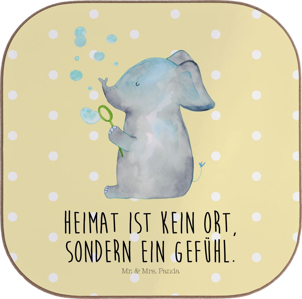 Mr. & Mrs. Panda Getränkeuntersetzer Elefant Seifenblasen - Gelb Pastell - Geschenk, Coaster, Liebesspruch, Elefanten, Liebe, Heimat, Untersetzer ...