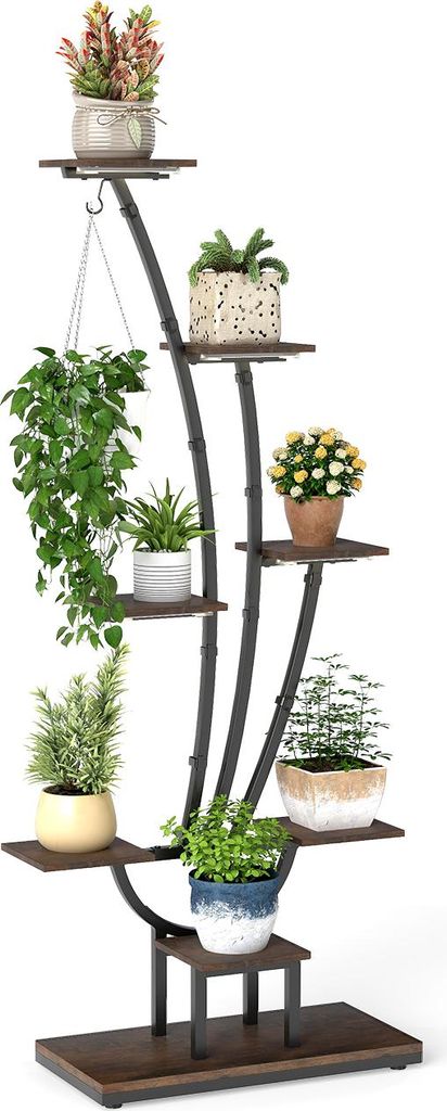 A multi-tiered plant stand with various potted plants on each level, displayed against a white background.
