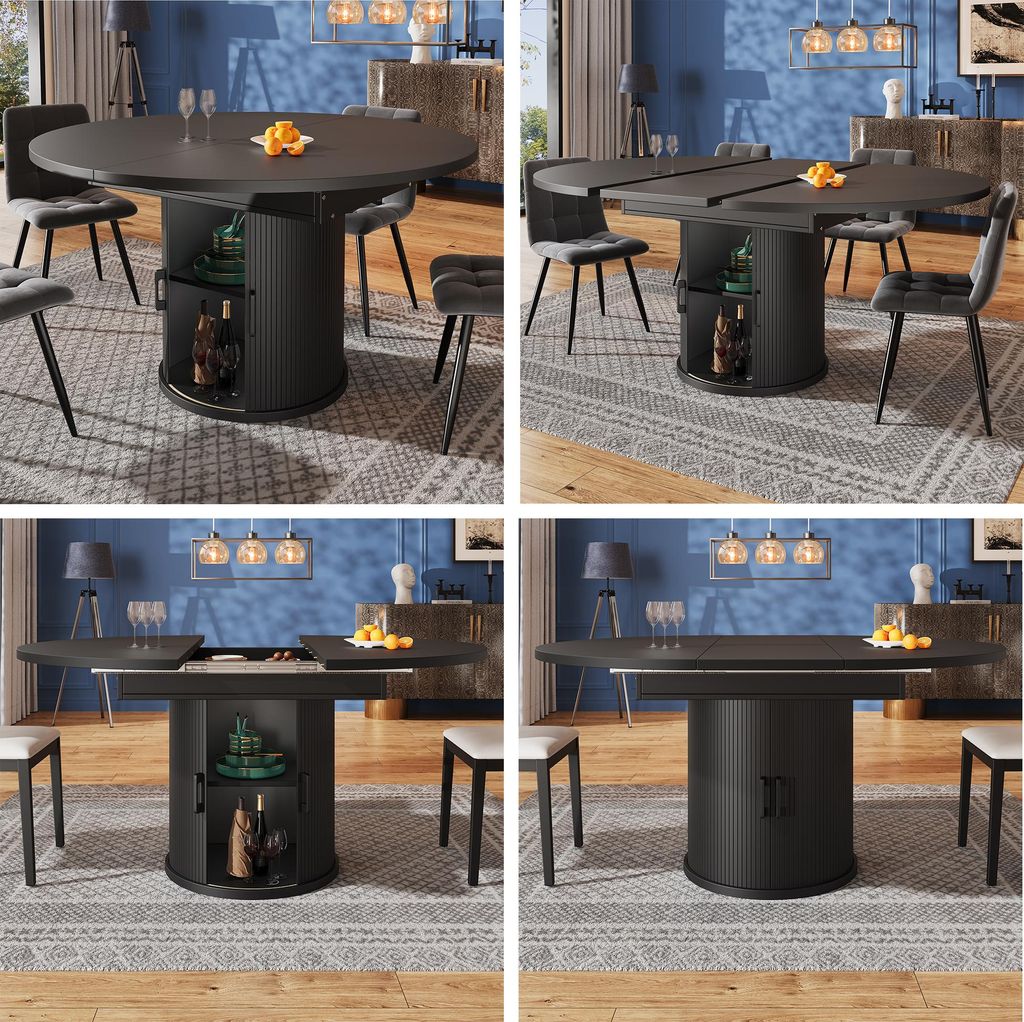 okwish Ausziehbarer Küchentisch Runder Esstisch mit ausziehbare Tischplatte für bis zu 6 Personen,balkontisch mit gebogenen Schiebetüren,Schwarz