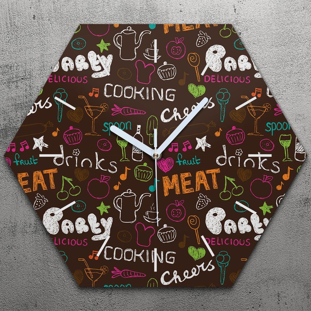 Uhr hexagonal 40 cm Glas Geräuschlos weiße Zeiger - party cocktail lebensmittel