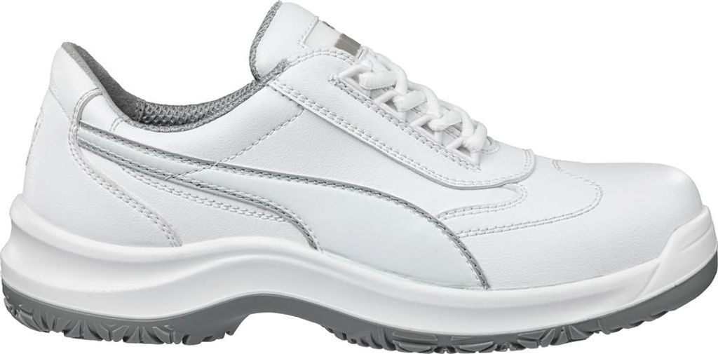 A side view of a white Puma safety shoe with gray accents.