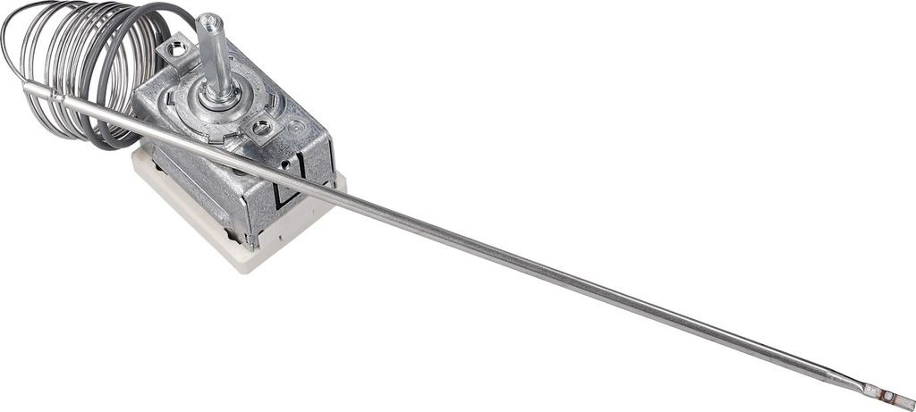 A close-up studio shot of a metal thermostat with a coiled wire and a long metal probe, isolated on a white background.