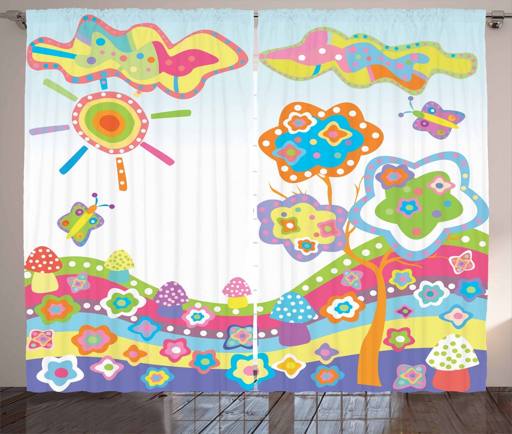 ABAKUHAUS Gekritzel Rustikaler Vorhang, Kinder zeichnen Hügel, Wohnzimmer Universalband Gardinen mit Schlaufen und Haken, 280 x 225 cm, Mehrfarbig
