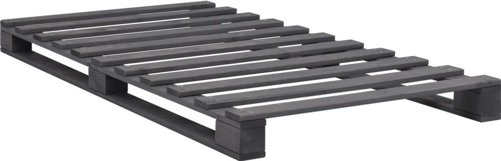 A dark gray wooden pallet bed frame is shown against a white background.