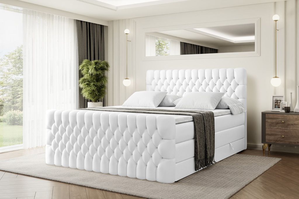 ALTDECOR Boxspringbett mit Fußteil, 2 Matratzen und Topper - 140x200 cm - SERENE-Z KING - Weiß Kunstleder - Polsterbett mit, H3- und H4- Matratze...