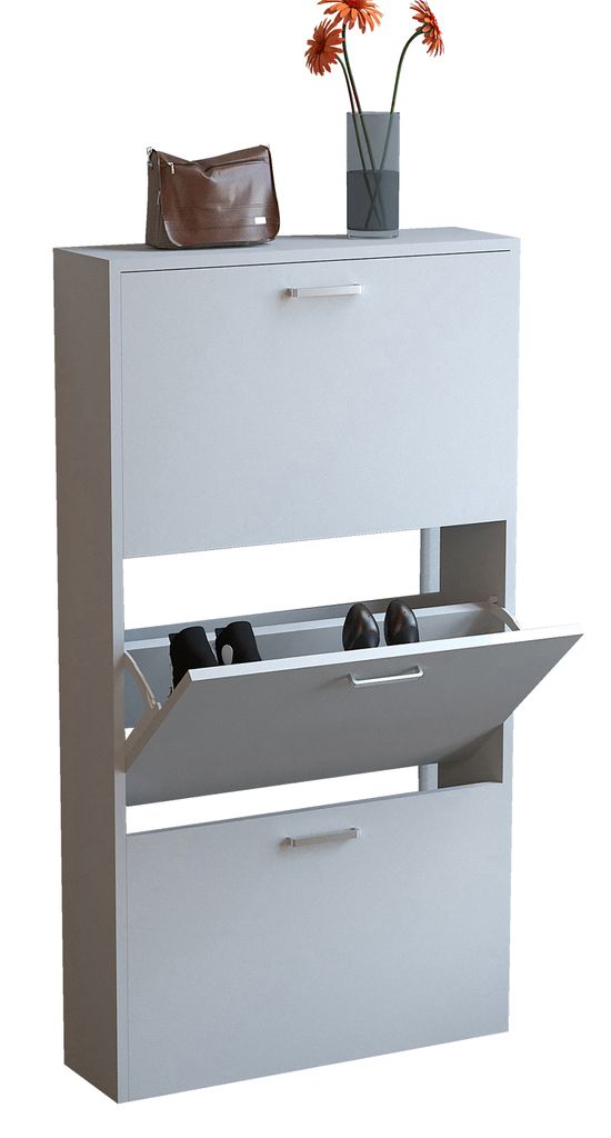 A white shoe cabinet with two open compartments and a closed compartment, displaying shoes and a handbag on top.