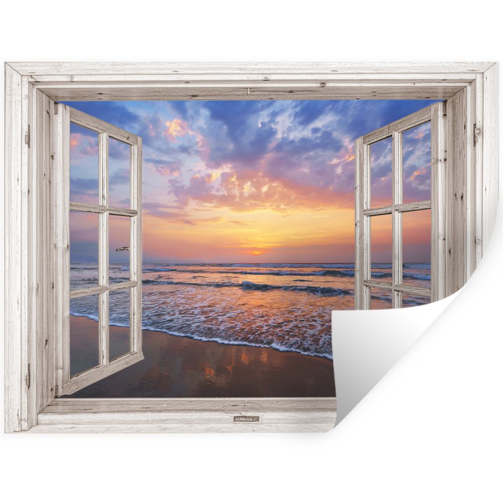 MuchoWow Wandtattoo Wandsticker Wandaufkleber Aussicht - Meer - Strand - Sonnenuntergang - Blau 160x120 cm Selbstklebend und Repositionierbar - S...