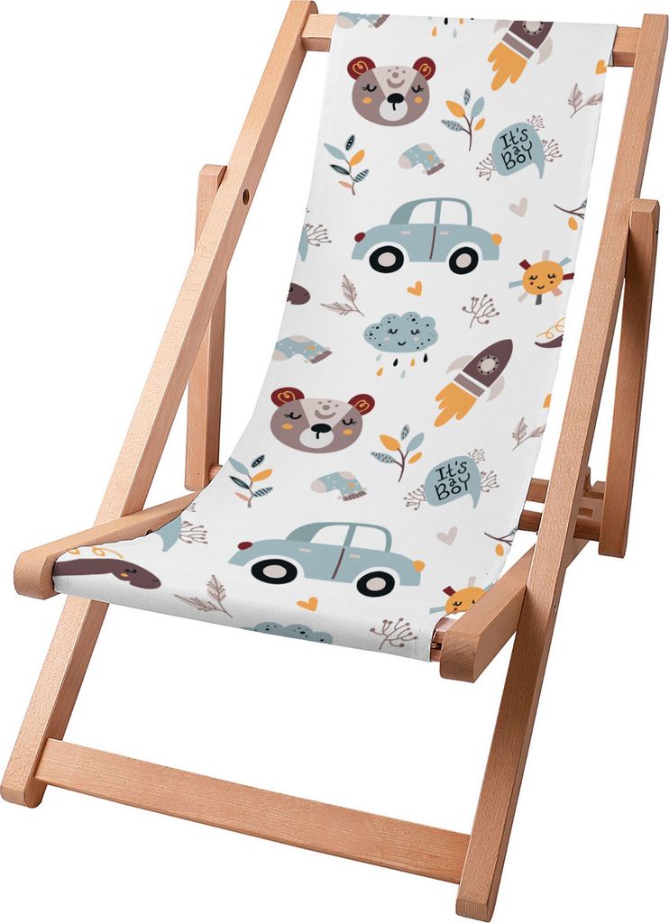 Dreamroots Kinder Liegestuhl klappbar Holz bis zu 130 kg, Sonnenliege klappbar mit 3-stufiger Neigungsregulierung der Rückenlehne, It's a Boy