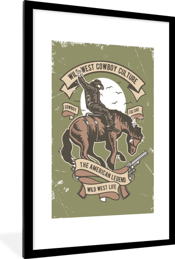 MuchoWow Gerahmtes Poster Pferd - Cowboy - Vintage - Zeichnung 60x90 cm - Poster mit Schwarzem Bilderrahmen Wandposter Rahmen Foto Bilder - Dekor...