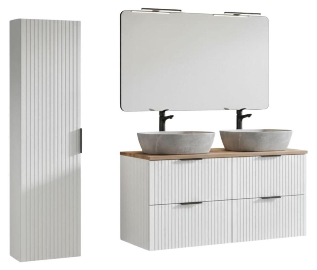 Badezimmer-Set NOXERA 120 cm – Alpinweiß und Wotan-Eiche – Doppelwaschbecken in Marmoroptik, Hochschrank und Spiegel mit Lampe