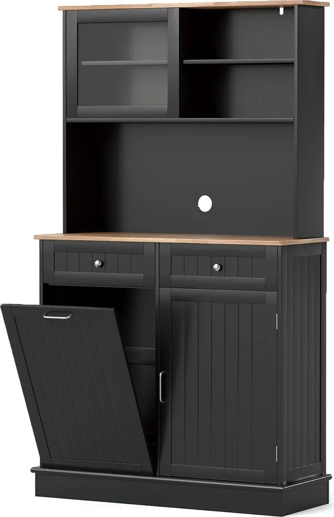 Meuble Cuisine Noir avec Plan de Travail en Bois et Bac Poubelle 45L