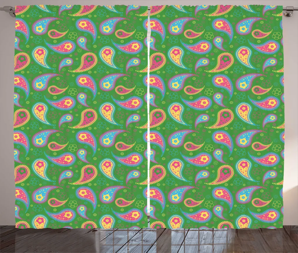 ABAKUHAUS Tenda rustica Paisley, Teardrop con punta ricurva, tenda con nastro arricciato per camera da letto con passanti e ganci, 280 x 245 cm, multicolore