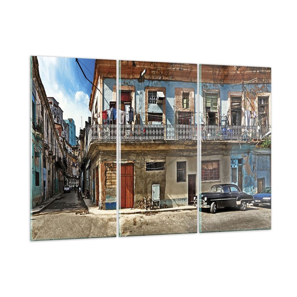 Bilder auf glas - 3 Teile - Kuba Havanna Balkon - 105x70cm - Glasbilder - Wandbilder - Bilder - zum Aufhängen bereit - Wanddekoration aus Glas - G...