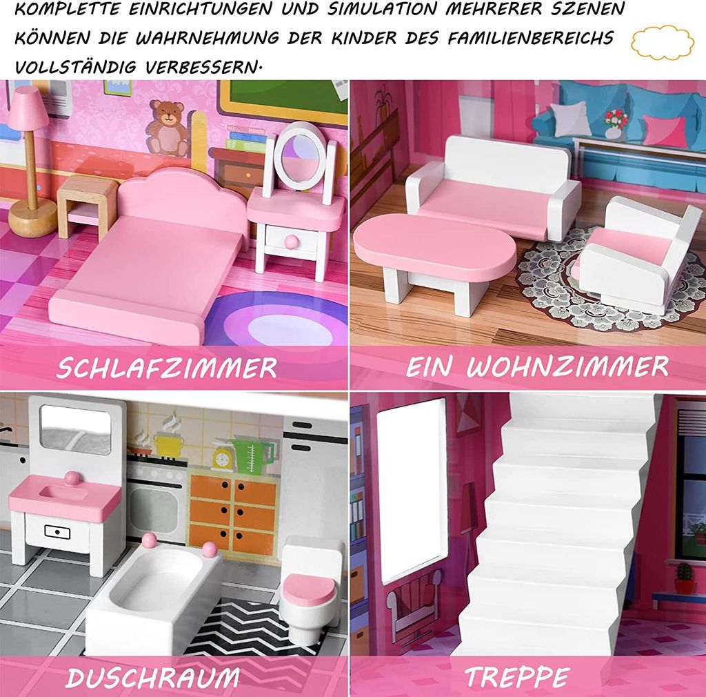 ACXIN Rosa Puppenhaus Holz Große Puppenvilla Mädchen Produktbild 3