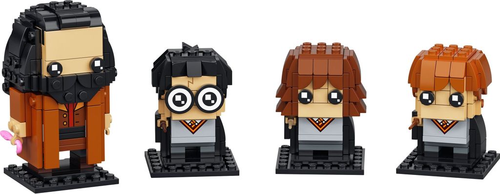 Four LEGO BrickHeadz figures of Harry Potter characters stand side-by-side on a white background.