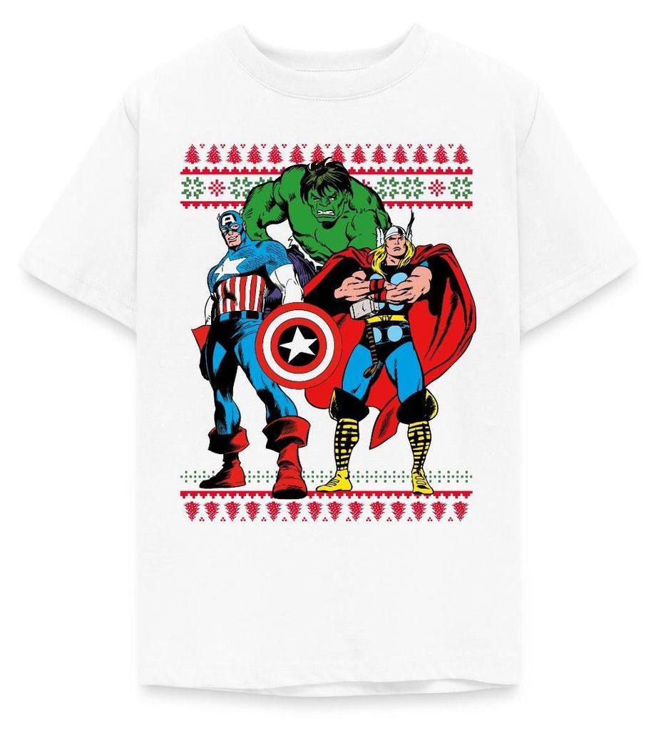 Spreadshirt Avengers Superhelden Weihnachtsmotiv Teenager T-Shirt, 152/164 (12-14 Jahre), Weiß