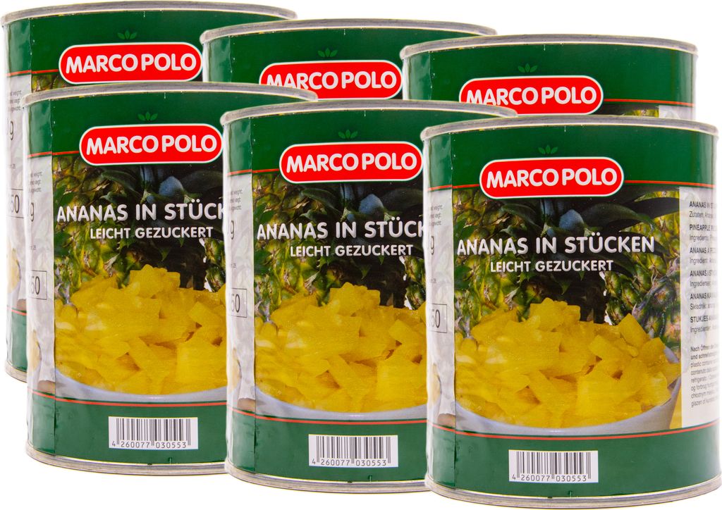 MARCO POLO Ananas in Stücken leicht gezuckert 6 Dosen Füll 825g ATG 490g