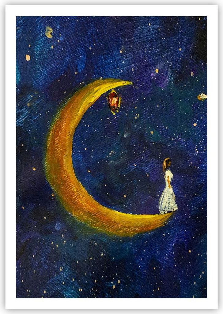 Poster - Poster ohne Rahmen - Mädchen auf der Mond - 70x100 cm - Wand Bild - Wanddeko - Wandbilder - Kunstposter - Wandposter - Bilder - Kunstdruc...