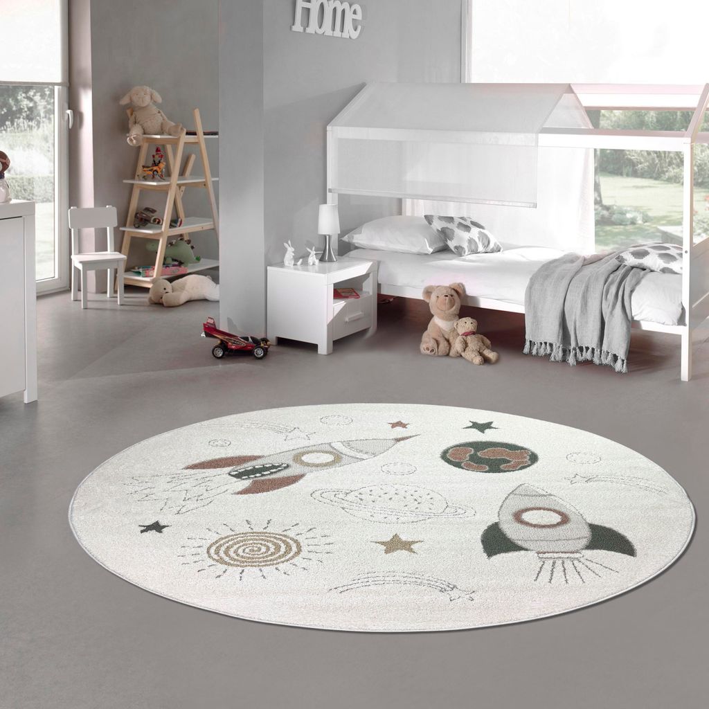Kinderzimmerteppich Raumschiffen Planeten Sterne in creme grau beige Größe - 160 cm Rund