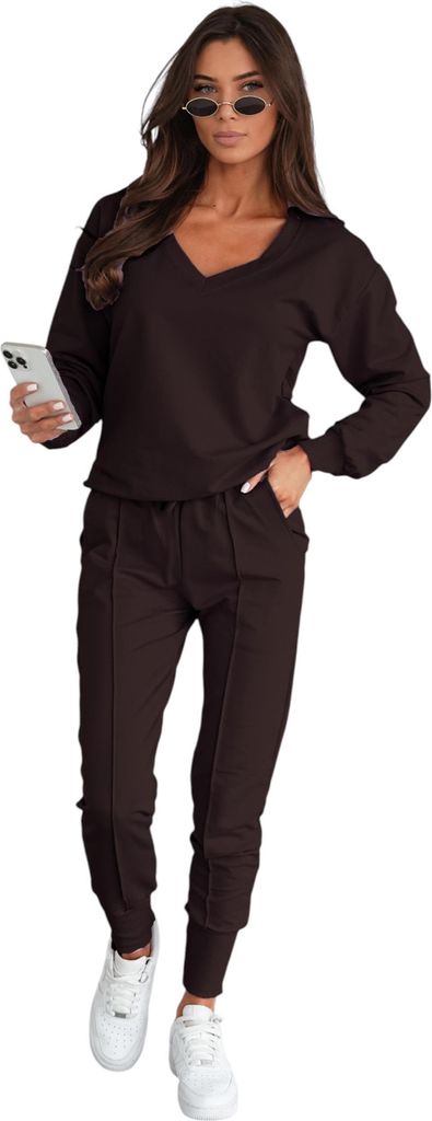 Damen Jogginganzug Freizeitanzug mit Sweatshirt Baumwoll-Trainingsanzug, Schokobraun XL/42