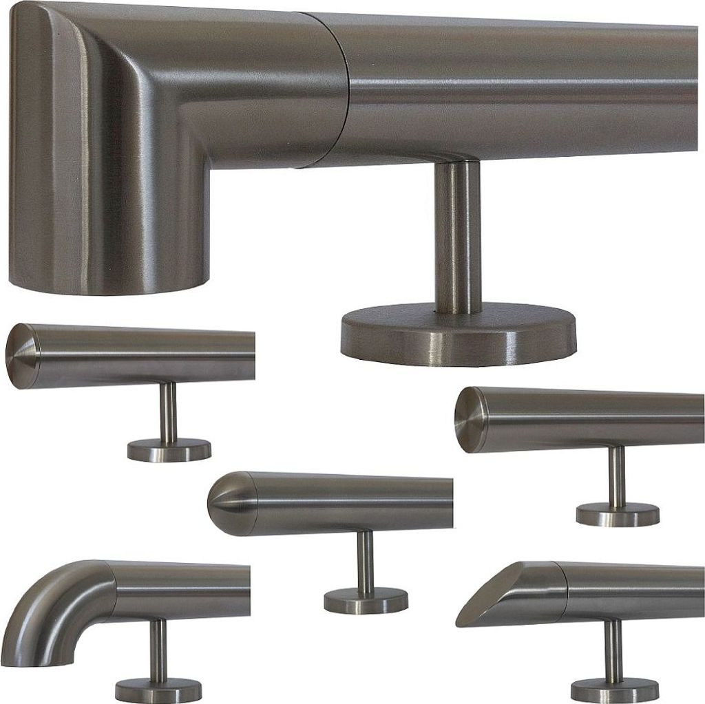 TIBU Handlauf Edelstahl 33,7 mm Geländer 0,3m - 6m, Länge 530 cm, Ende Ecke zur Wand und gerade Halter