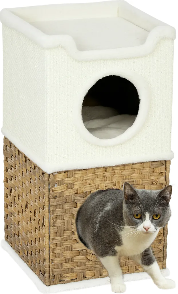 PawHut tiragraffi alto 75,5 cm a tre piani per gatti con bordo in peluche, cuscino, grotta per gatti, tiragraffi per gatti di taglia media, bianco crema