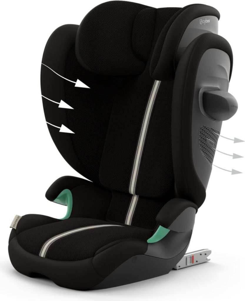 A black child car seat with white arrows indicating airflow.