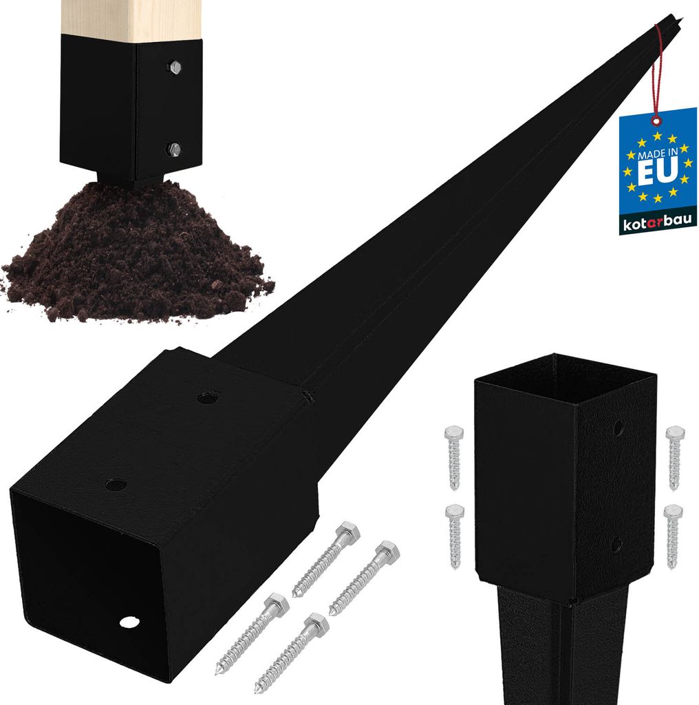 A black metal ground anchor for posts, with a pointed end for insertion into the ground, and a square socket for a post. Several screws are shown, along with a small pile of soil and a wooden post fragment. A "Made in EU" tag is visible.