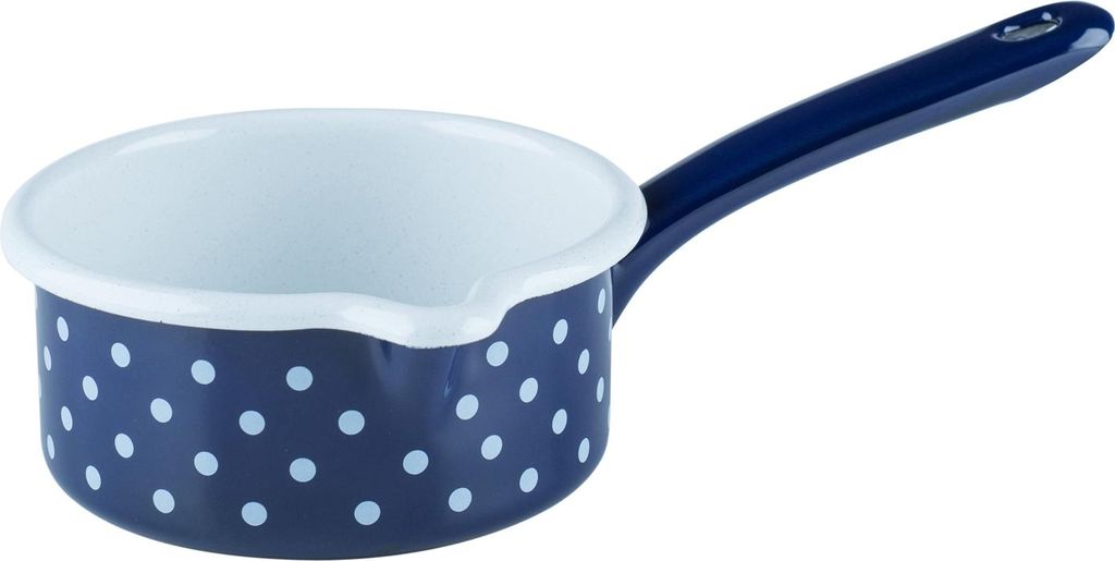 A single blue saucepan with white polka dots and a white interior, shown against a white background.
