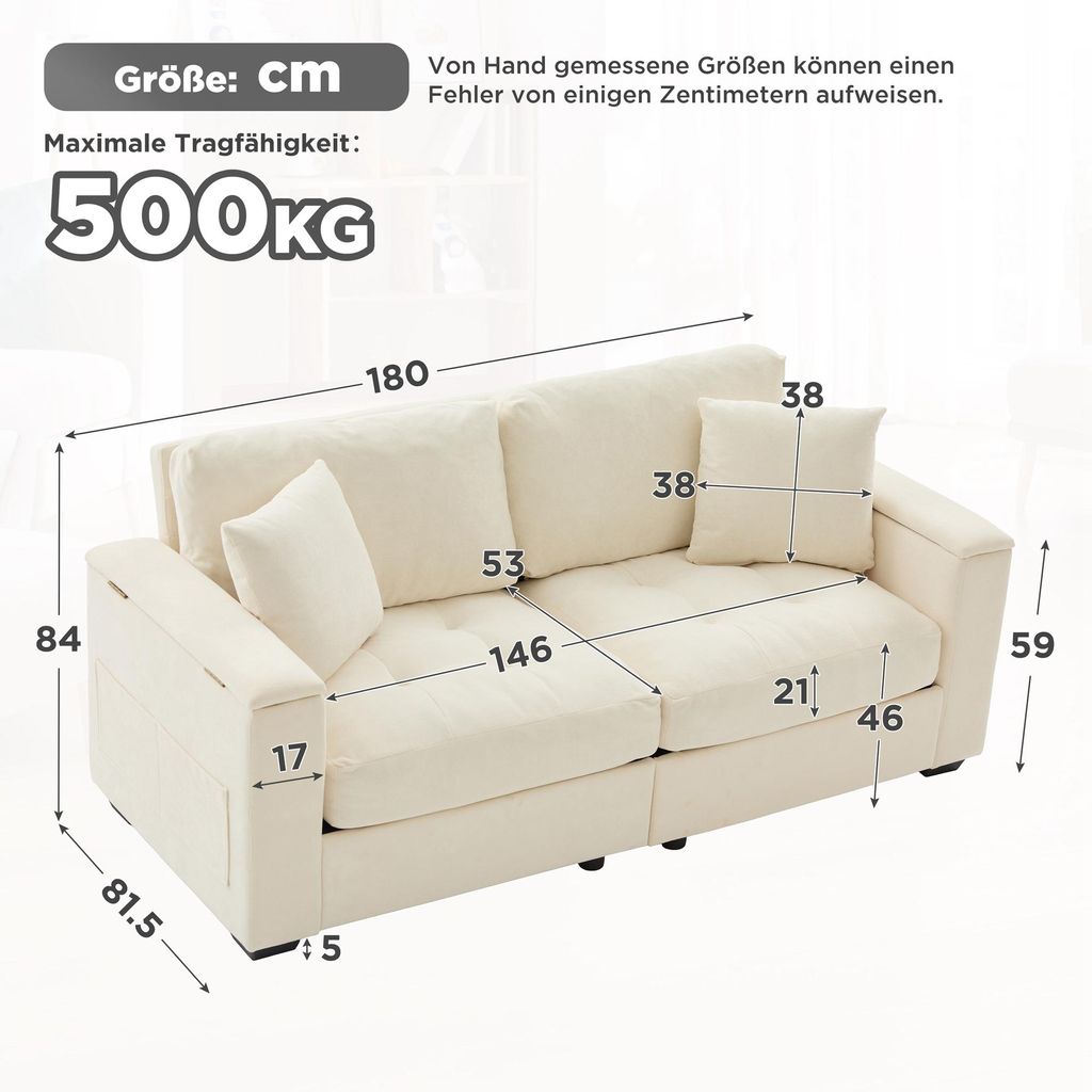 Sofa, moderne 2‑Sitzer Wohnzimmercouch mit Stauraum an der