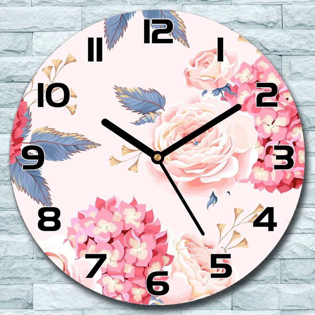 Wanduhr aus Glas Rund fi 30 Rose Blumen Quarz Deko Schlafzimmer Büro