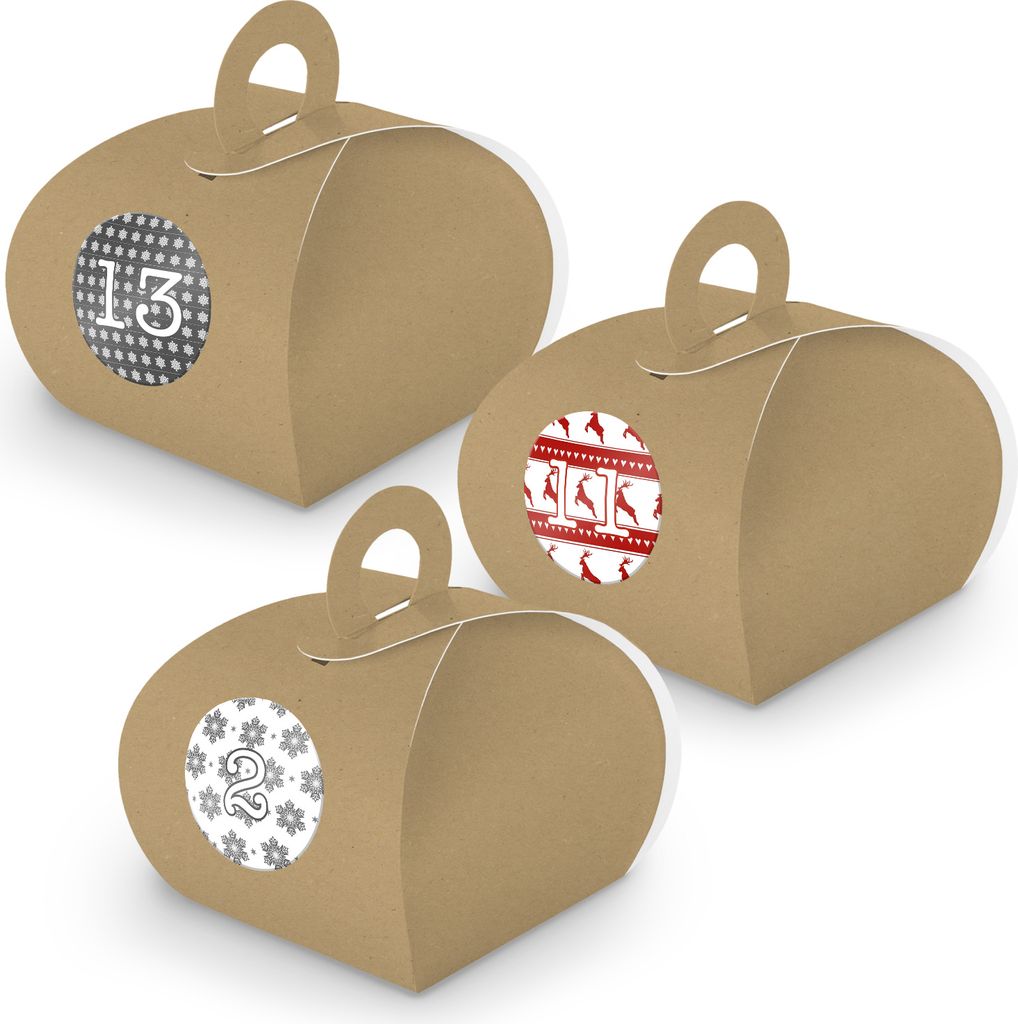 Adventskalender zum Füllen 24x Box mit Griff BRAUN + Sticker V11 Z07
