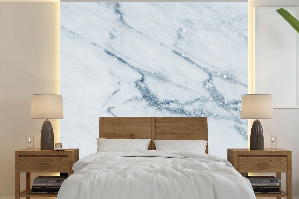 MuchoWow Fototapete für Wohnzimmer oder Schlafzimmer Wandtapete Vinyl Motivtapete Marmor - Blau - Kalkstein - 300x300 cm - Wanddekoration