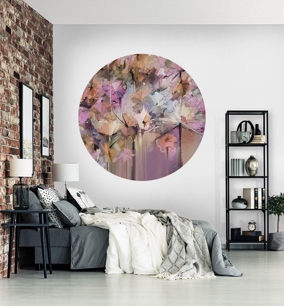 Fototapete Rosa abstrakt gemalte Blüten rund, Material:Premium Vlies 150g/qm, Größe Tapete:195cm rund