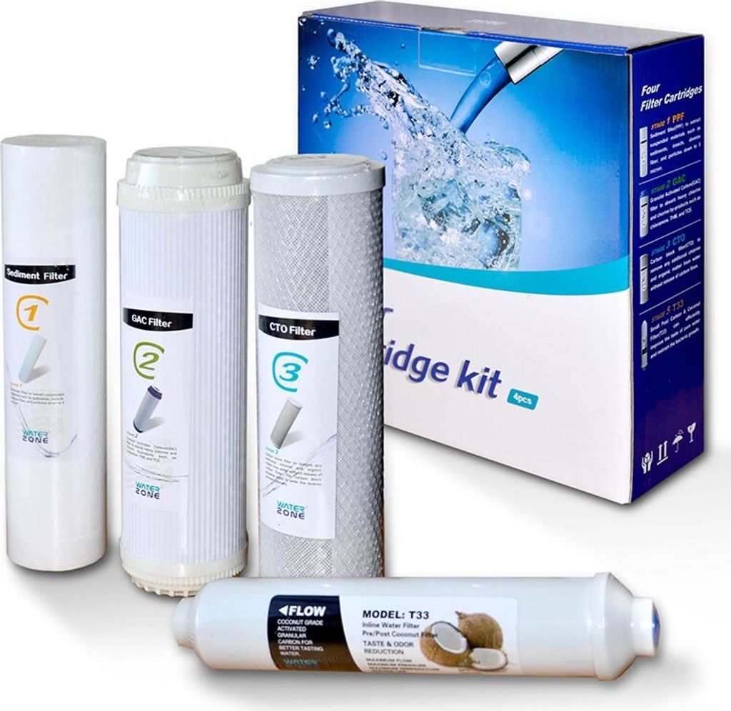 A set of water filter cartridges and their packaging are displayed on a white background.