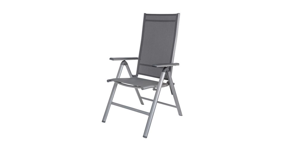 A single outdoor chair on a white background.
