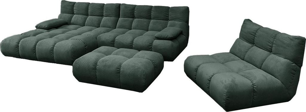 KAWOLA Sitzgruppe VIVIEN Ecksofa links Drehsessel Hockerbank Feincord grün